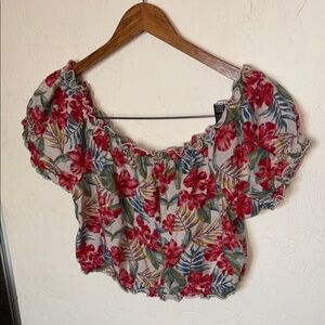 American Eagle Outfitters Red and Gray Puff Sleeve Blouse